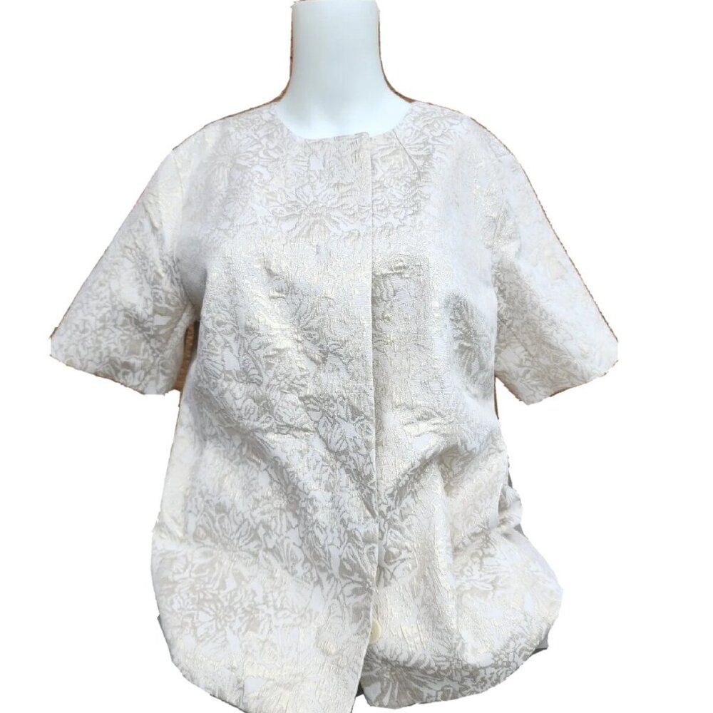 Coldwater Creek Champagne Gold Metallic Jacquard Short Sleeve Jacket Sz10/Medium